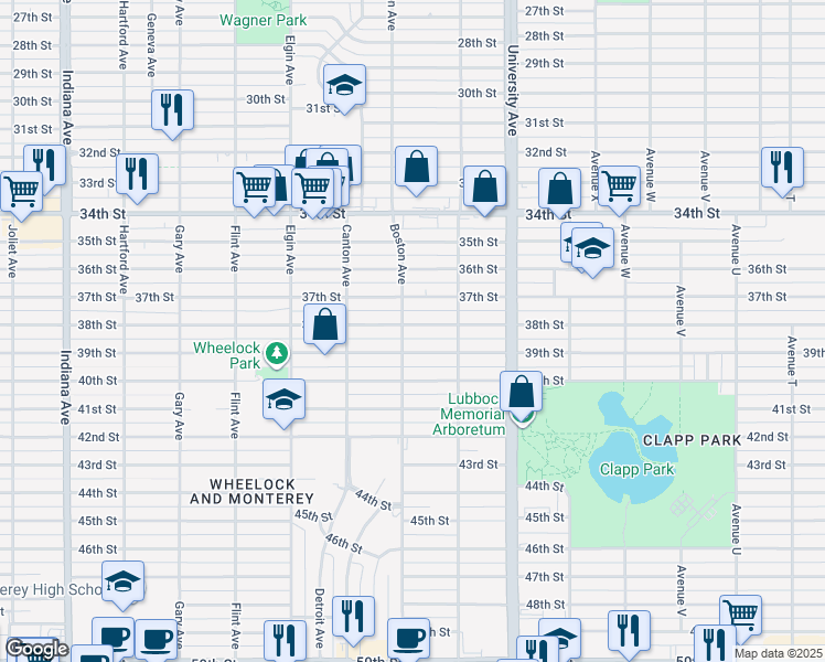 map of restaurants, bars, coffee shops, grocery stores, and more near 2615 38th Street in Lubbock