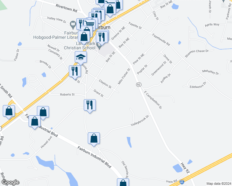 map of restaurants, bars, coffee shops, grocery stores, and more near 233 Clayton Street in Fairburn