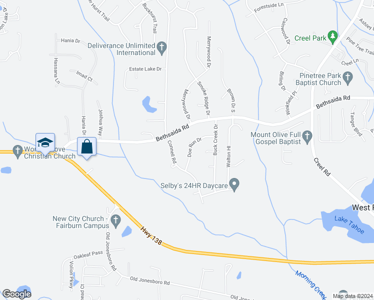 map of restaurants, bars, coffee shops, grocery stores, and more near 140 Doe Run Drive in Fairburn