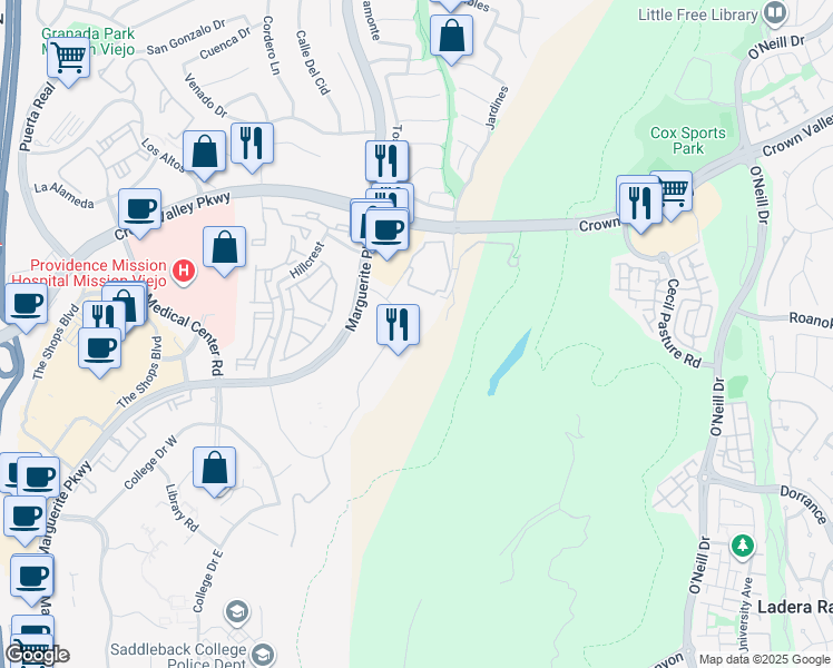 map of restaurants, bars, coffee shops, grocery stores, and more near 27783 Center Drive in Mission Viejo