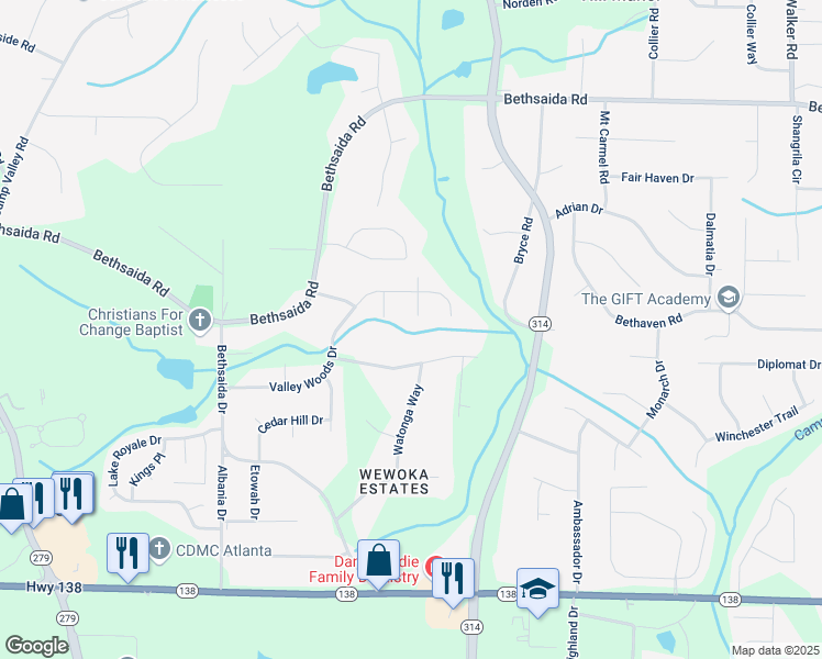 map of restaurants, bars, coffee shops, grocery stores, and more near 7181 Burch Dr in Riverdale