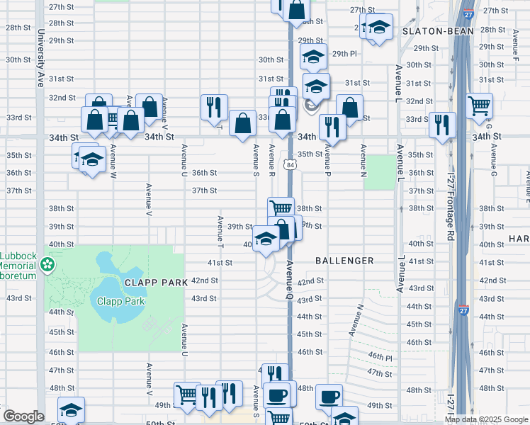map of restaurants, bars, coffee shops, grocery stores, and more near 1901 38th Street in Lubbock