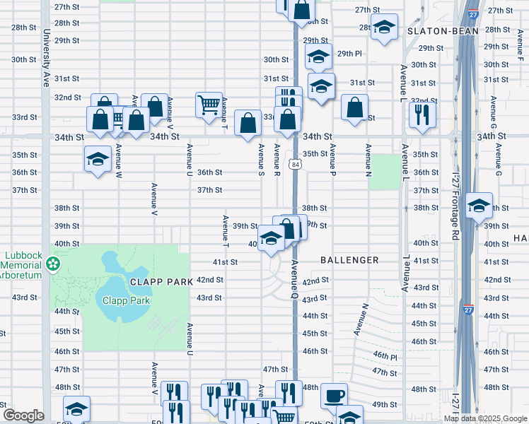 map of restaurants, bars, coffee shops, grocery stores, and more near 1809 38th Street in Lubbock
