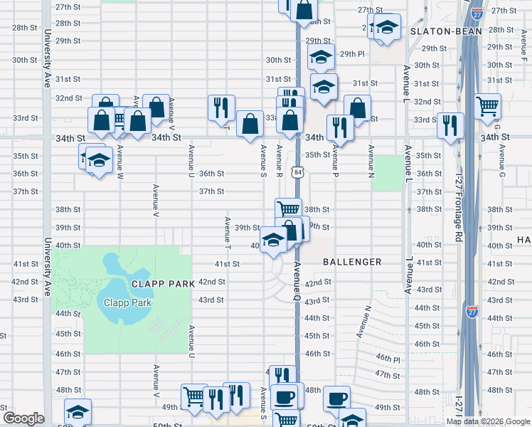 map of restaurants, bars, coffee shops, grocery stores, and more near 1901 38th Street in Lubbock