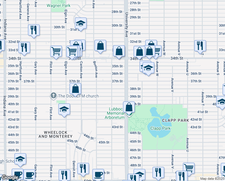 map of restaurants, bars, coffee shops, grocery stores, and more near 2519 38th Street in Lubbock