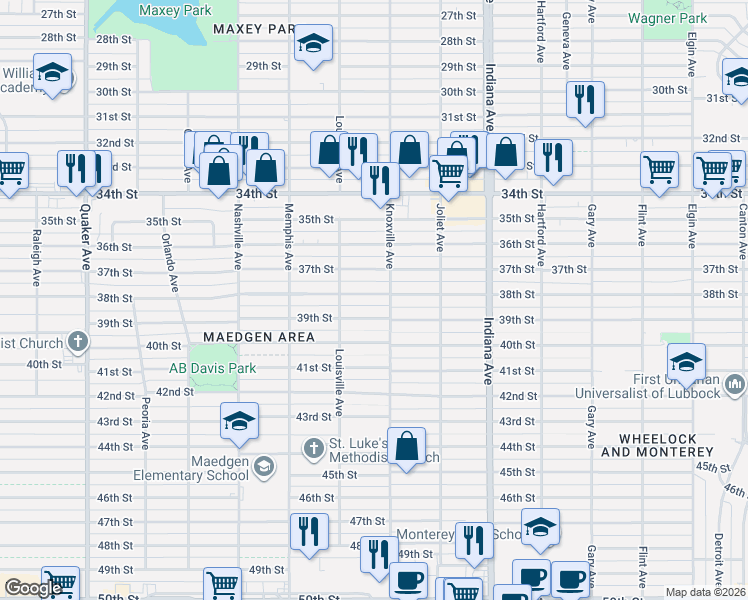 map of restaurants, bars, coffee shops, grocery stores, and more near 3611 38th Street in Lubbock