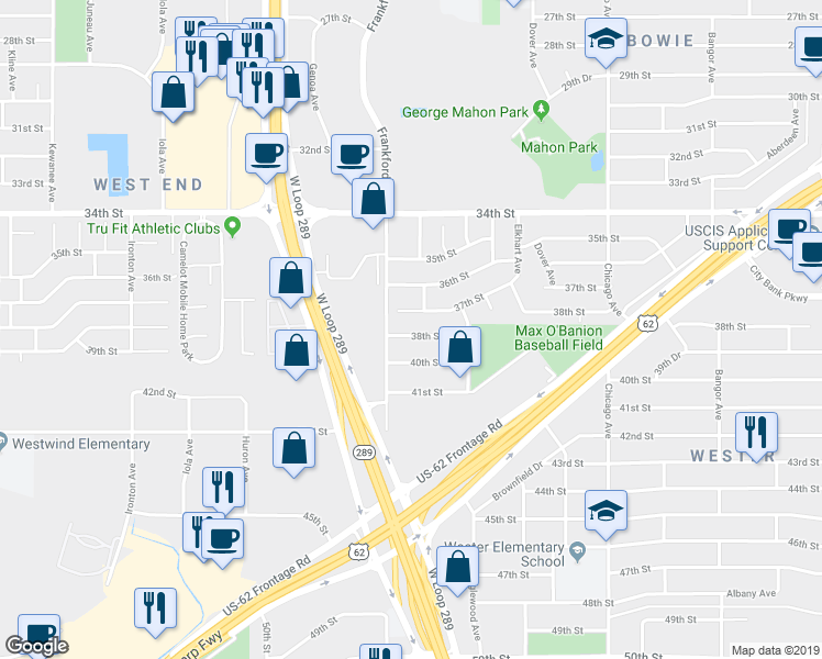 map of restaurants, bars, coffee shops, grocery stores, and more near 5742 38th Street in Lubbock