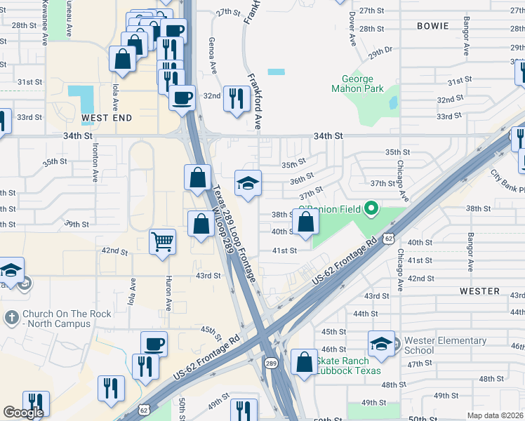 map of restaurants, bars, coffee shops, grocery stores, and more near in Lubbock