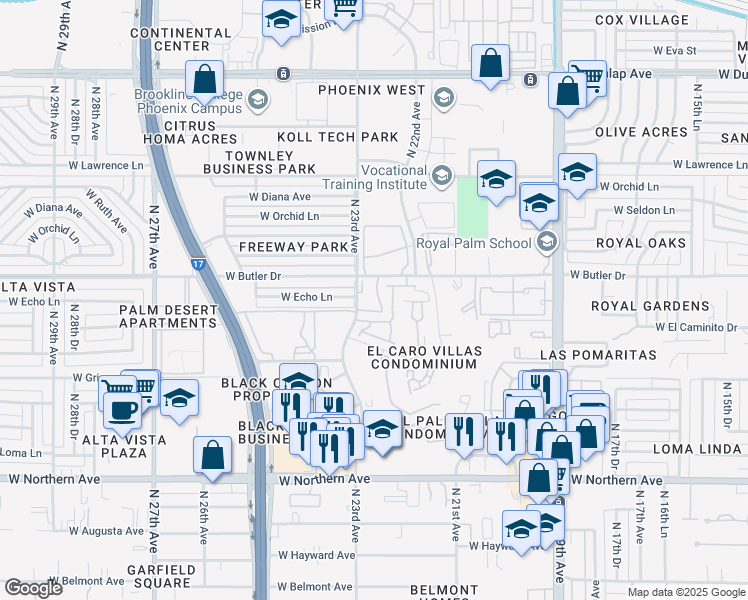 map of restaurants, bars, coffee shops, grocery stores, and more near 8445 North 23rd Avenue in Phoenix