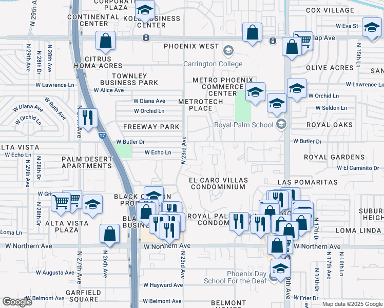 map of restaurants, bars, coffee shops, grocery stores, and more near 8445 North 23rd Avenue in Phoenix