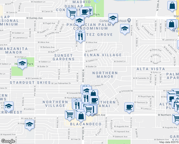 map of restaurants, bars, coffee shops, grocery stores, and more near 8425 North 34th Avenue in Phoenix