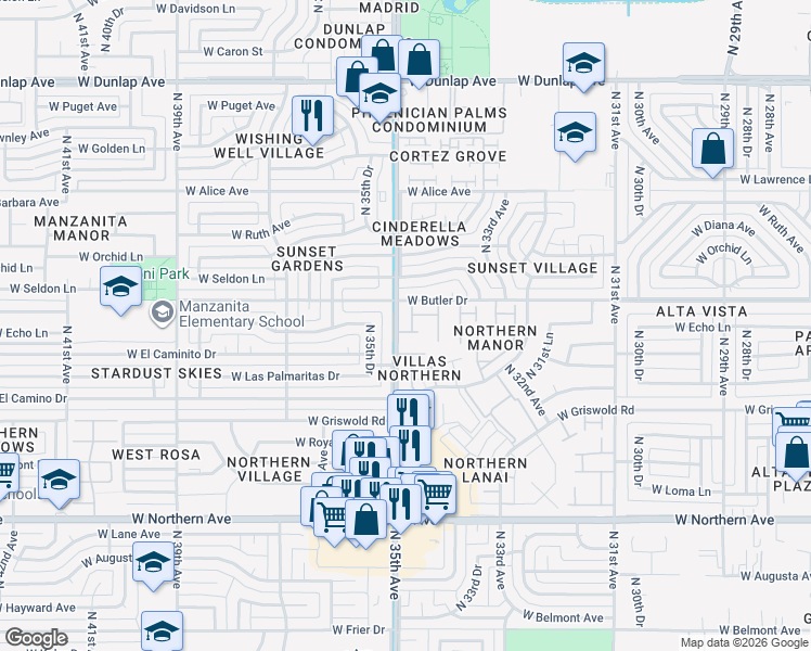 map of restaurants, bars, coffee shops, grocery stores, and more near 8428 North 34th Drive in Phoenix