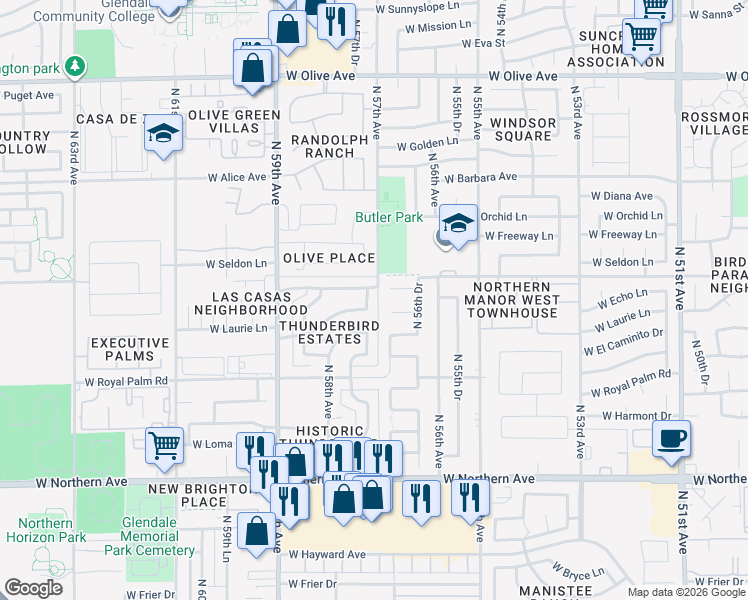 map of restaurants, bars, coffee shops, grocery stores, and more near 8413 North 57th Drive in Glendale
