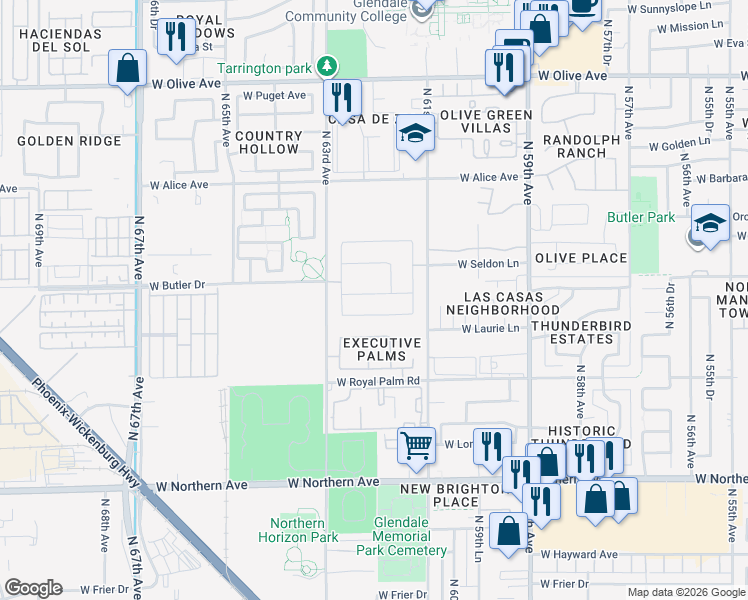map of restaurants, bars, coffee shops, grocery stores, and more near 6157 West Evergreen Road in Glendale