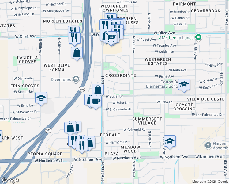 map of restaurants, bars, coffee shops, grocery stores, and more near 8987 Seldon Lane in Peoria