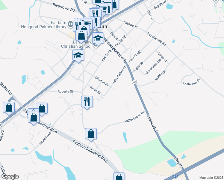map of restaurants, bars, coffee shops, grocery stores, and more near 233 Clayton Street in Fairburn