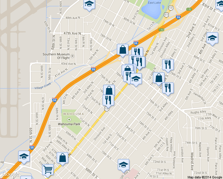 map of restaurants, bars, coffee shops, grocery stores, and more near 7408 2nd Avenue North in Birmingham