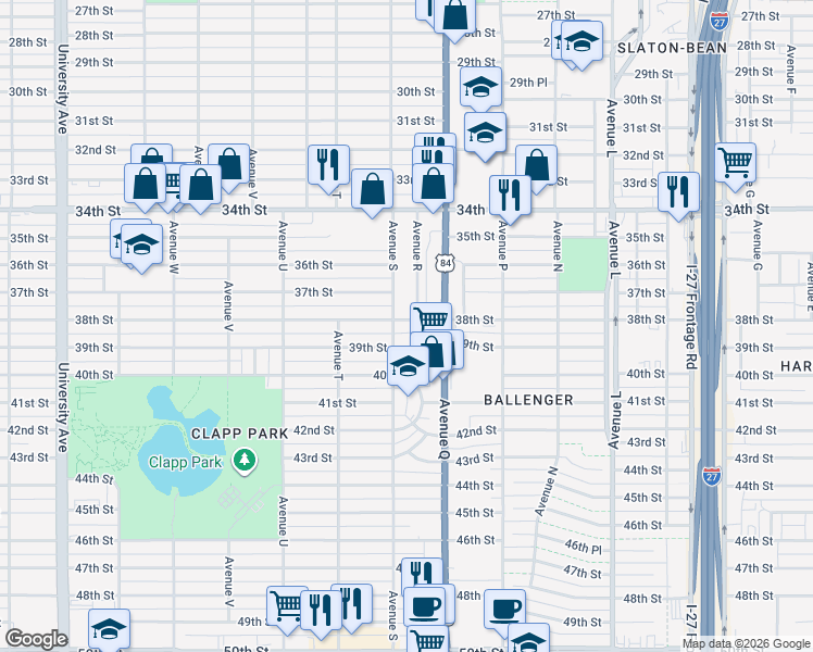 map of restaurants, bars, coffee shops, grocery stores, and more near 1901 38th Street in Lubbock