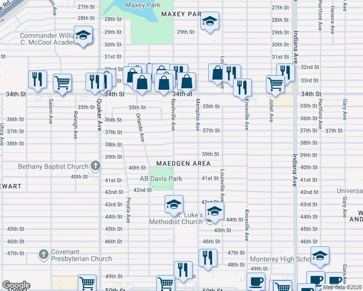 map of restaurants, bars, coffee shops, grocery stores, and more near 3811 38th Street in Lubbock