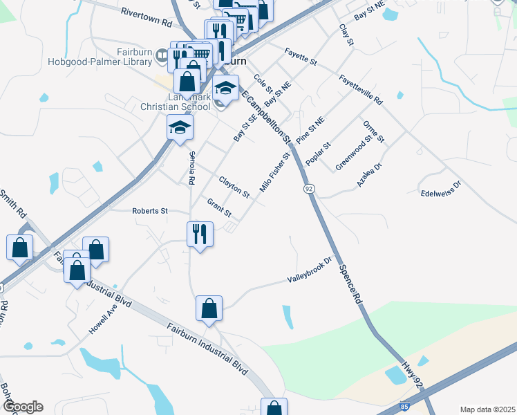 map of restaurants, bars, coffee shops, grocery stores, and more near 233 Clayton Street in Fairburn