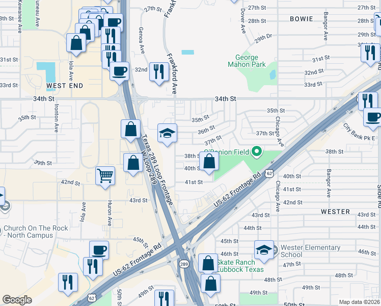 map of restaurants, bars, coffee shops, grocery stores, and more near 5742 38th Street in Lubbock