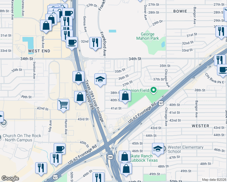 map of restaurants, bars, coffee shops, grocery stores, and more near 5744 38th Street in Lubbock