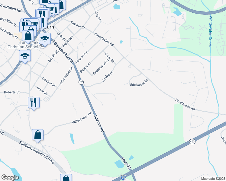 map of restaurants, bars, coffee shops, grocery stores, and more near 474 Willow Creek Road in Fairburn