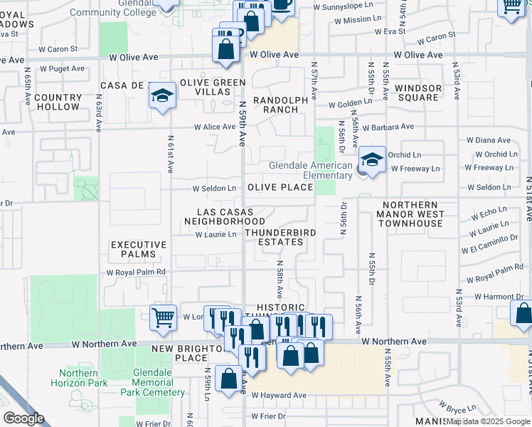 map of restaurants, bars, coffee shops, grocery stores, and more near 8426 North 58th Drive in Glendale