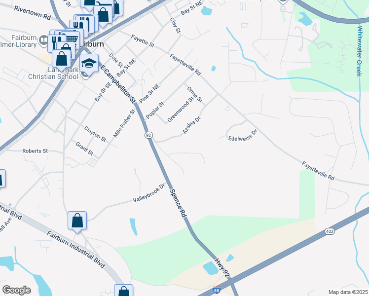 map of restaurants, bars, coffee shops, grocery stores, and more near 422 Willow Creek Road in Fairburn
