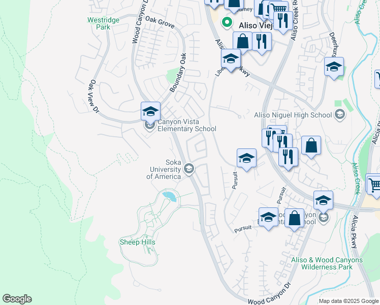 map of restaurants, bars, coffee shops, grocery stores, and more near 24 Deerborn Drive in Aliso Viejo