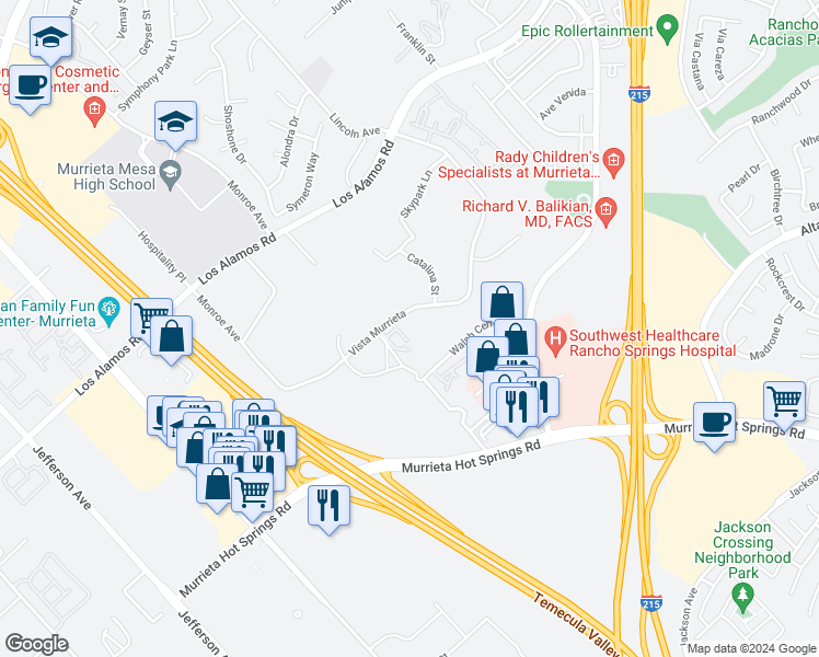 map of restaurants, bars, coffee shops, grocery stores, and more near 40720 Vista Murrieta in Murrieta