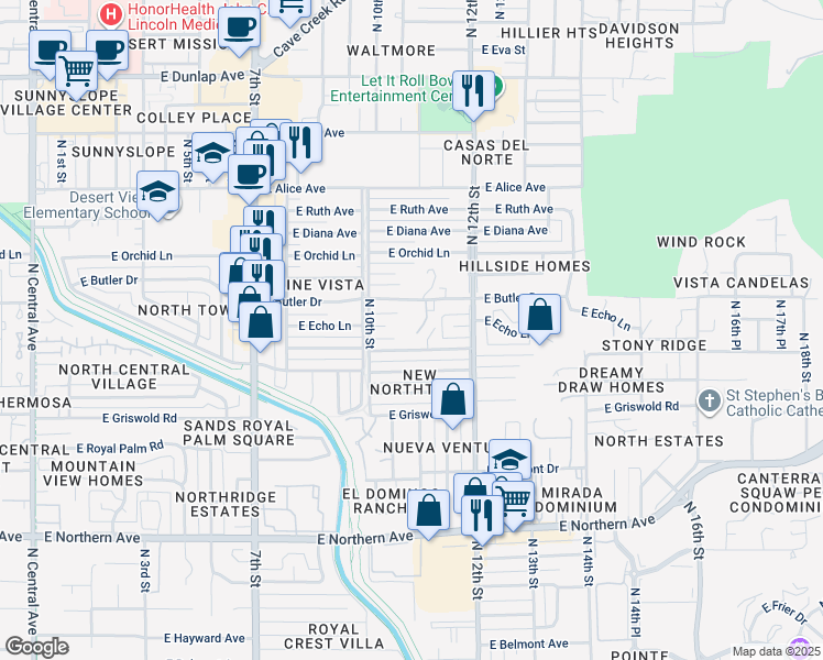 map of restaurants, bars, coffee shops, grocery stores, and more near 1039 East Butler Drive in Phoenix
