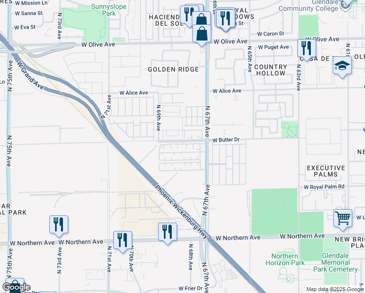 map of restaurants, bars, coffee shops, grocery stores, and more near 6767 West Butler Drive in Glendale