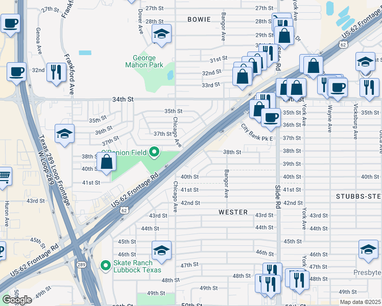 map of restaurants, bars, coffee shops, grocery stores, and more near Marsha Sharp Freeway in Lubbock