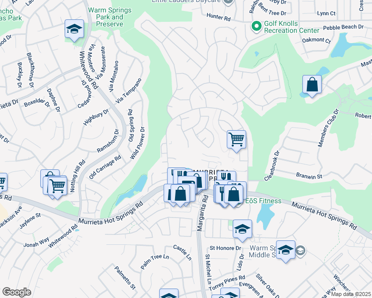 map of restaurants, bars, coffee shops, grocery stores, and more near 38655 Calle De La Siesta in Murrieta