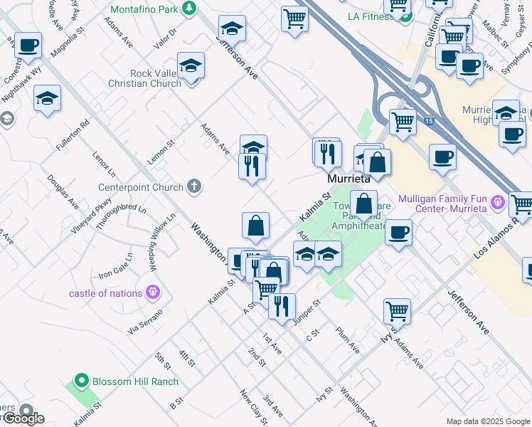 map of restaurants, bars, coffee shops, grocery stores, and more near 24567 Adams Avenue in Murrieta