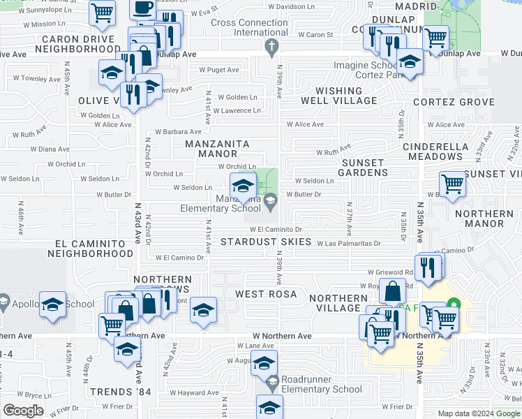 map of restaurants, bars, coffee shops, grocery stores, and more near 8430 North 39th Avenue in Phoenix