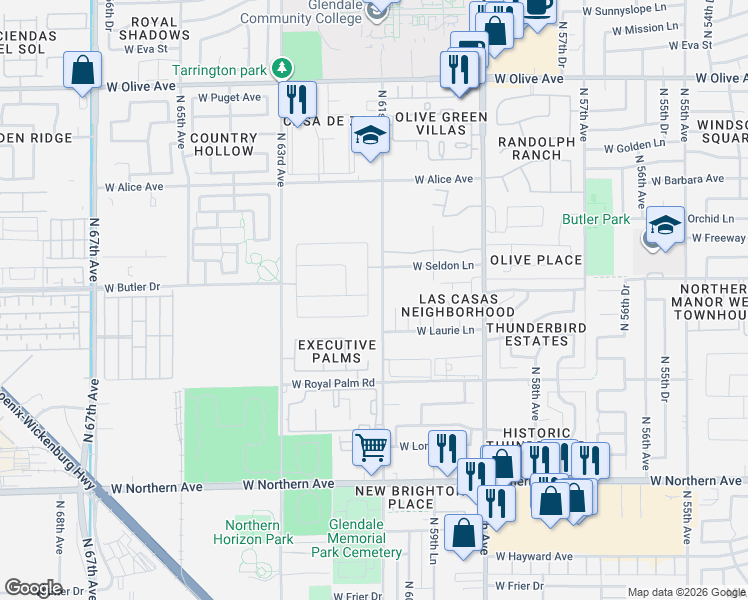 map of restaurants, bars, coffee shops, grocery stores, and more near 8419 North 61st Drive in Glendale