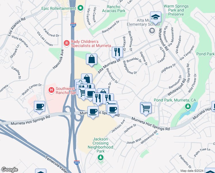 map of restaurants, bars, coffee shops, grocery stores, and more near 25275 Madrone Drive in Murrieta
