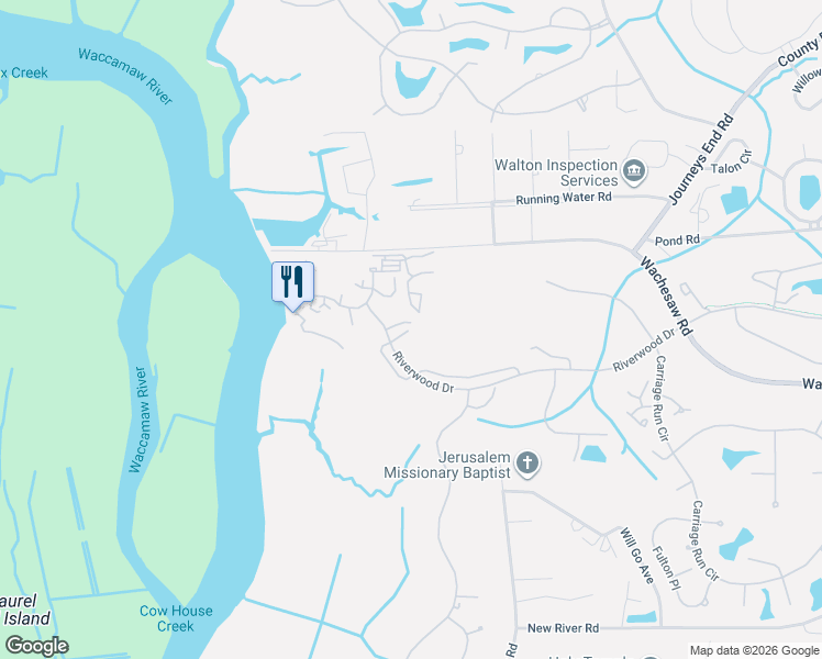 map of restaurants, bars, coffee shops, grocery stores, and more near 3032 Oak Grove Bend in Murrells Inlet
