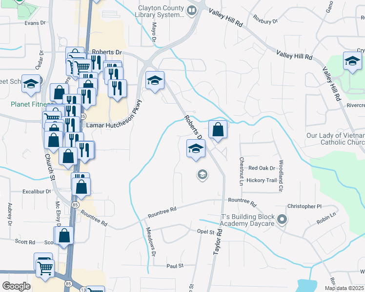 map of restaurants, bars, coffee shops, grocery stores, and more near 7158 Williamsburg Drive in Riverdale