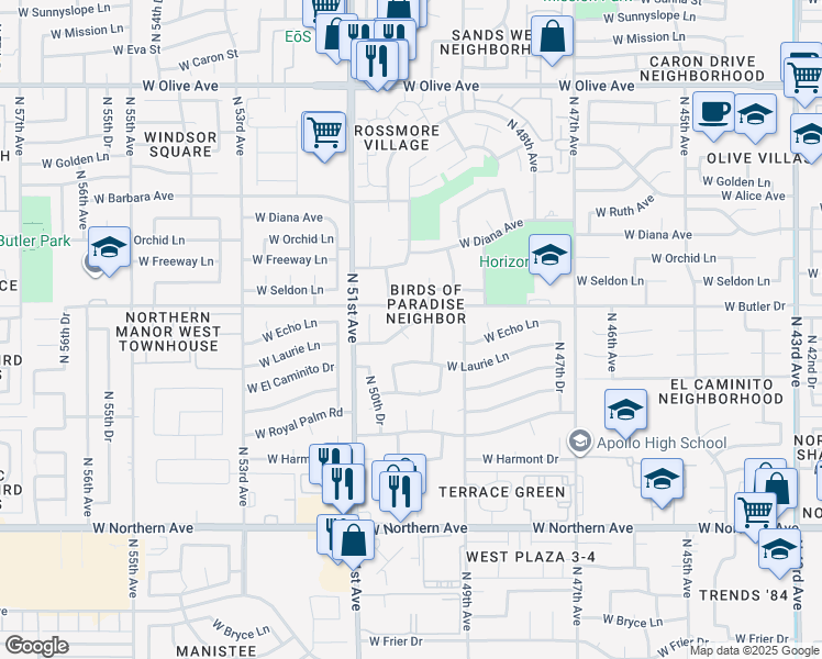 map of restaurants, bars, coffee shops, grocery stores, and more near 5003 West Echo Lane in Glendale