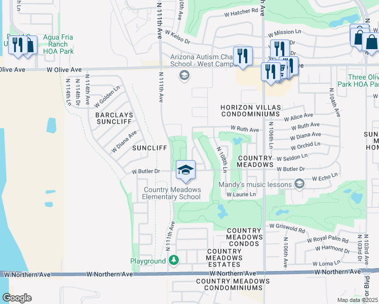 map of restaurants, bars, coffee shops, grocery stores, and more near 8578 North 110th Drive in Peoria