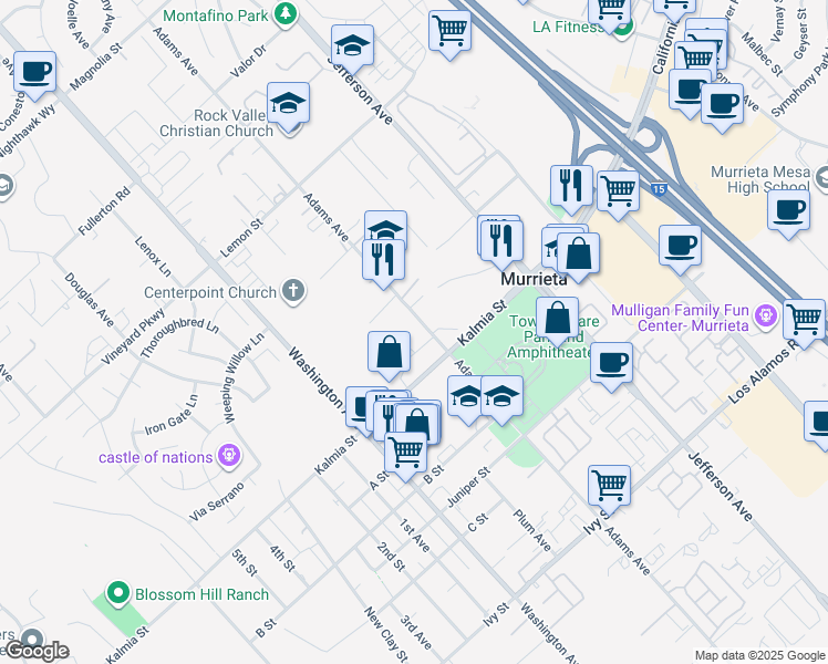 map of restaurants, bars, coffee shops, grocery stores, and more near 24567 Adams Avenue in Murrieta