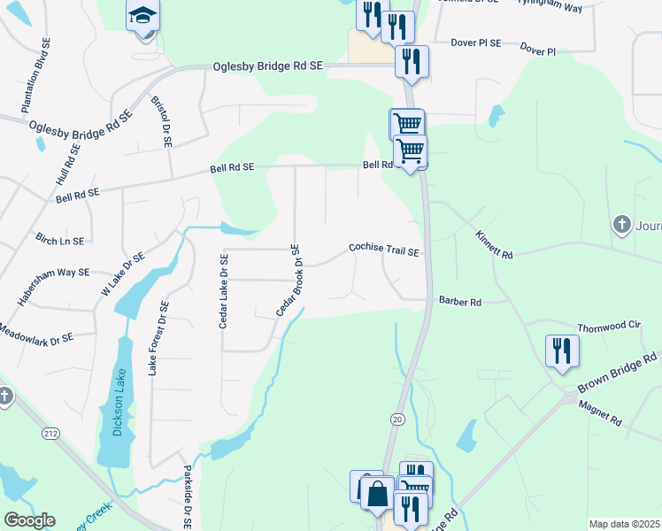 map of restaurants, bars, coffee shops, grocery stores, and more near 841 Cochise Trail Southeast in Conyers