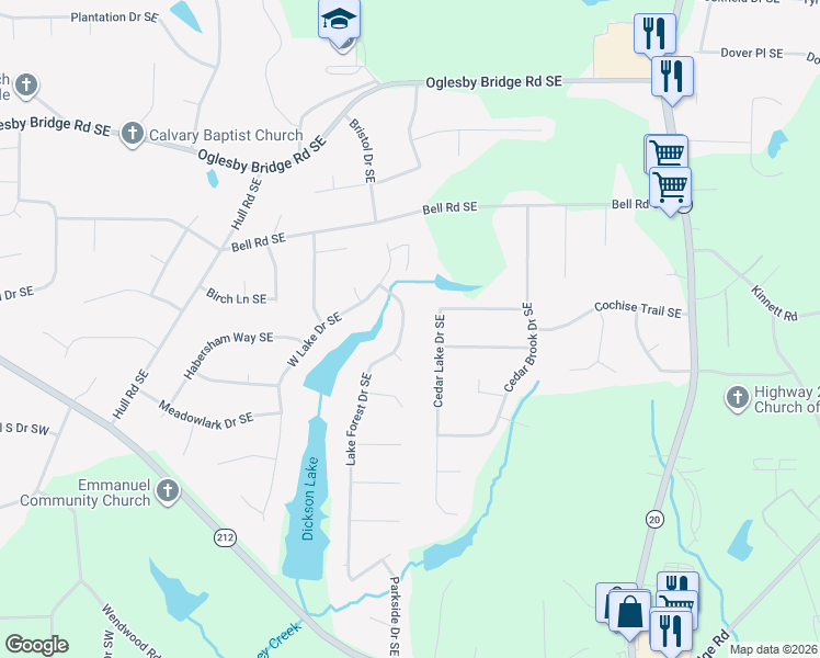 map of restaurants, bars, coffee shops, grocery stores, and more near 4854 Lake Forest Drive Southeast in Conyers