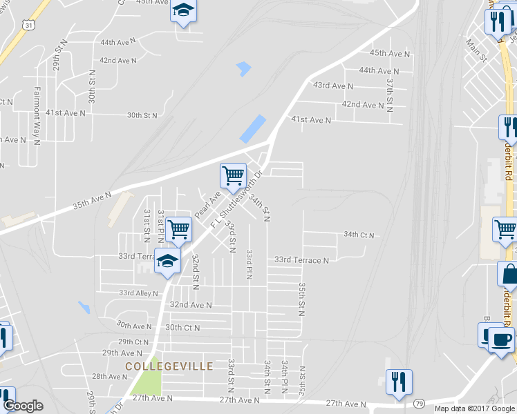 map of restaurants, bars, coffee shops, grocery stores, and more near 3406 34th Street North in Birmingham