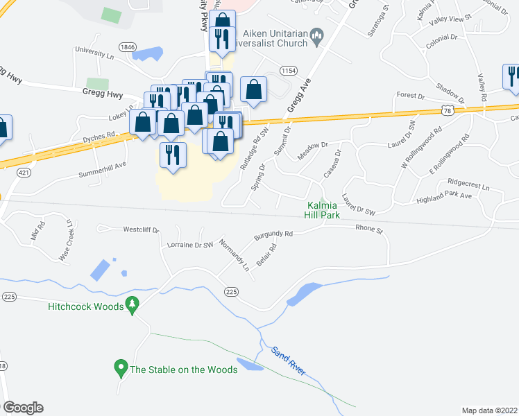 map of restaurants, bars, coffee shops, grocery stores, and more near 3499 Arbutus Drive in Aiken