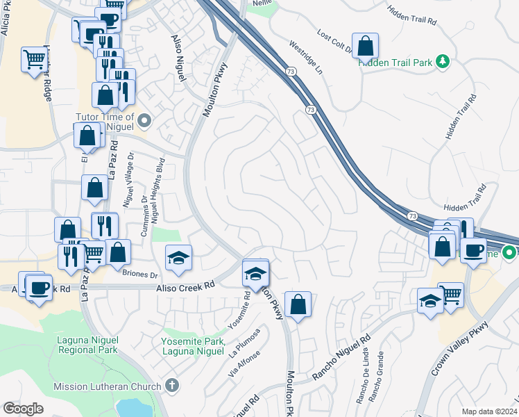 map of restaurants, bars, coffee shops, grocery stores, and more near 27772 Homestead Road in Laguna Niguel