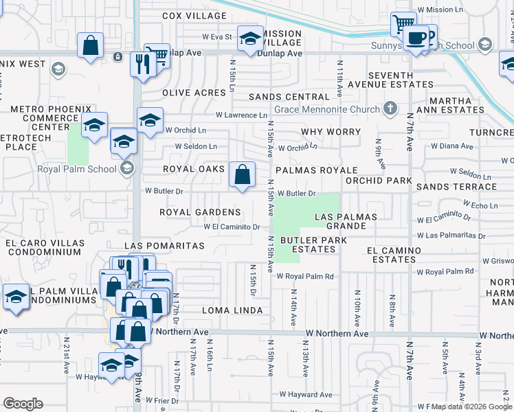 map of restaurants, bars, coffee shops, grocery stores, and more near 8421 North Diller Grove Lane in Phoenix